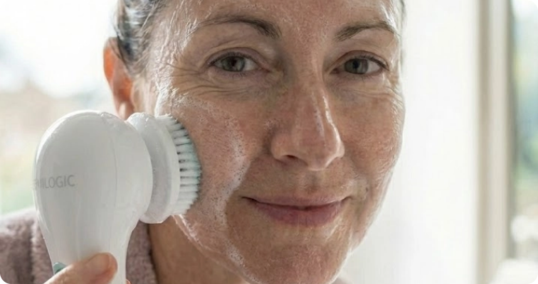 A woman in a white robe washes her face with a foaming electric cleansing brush.
