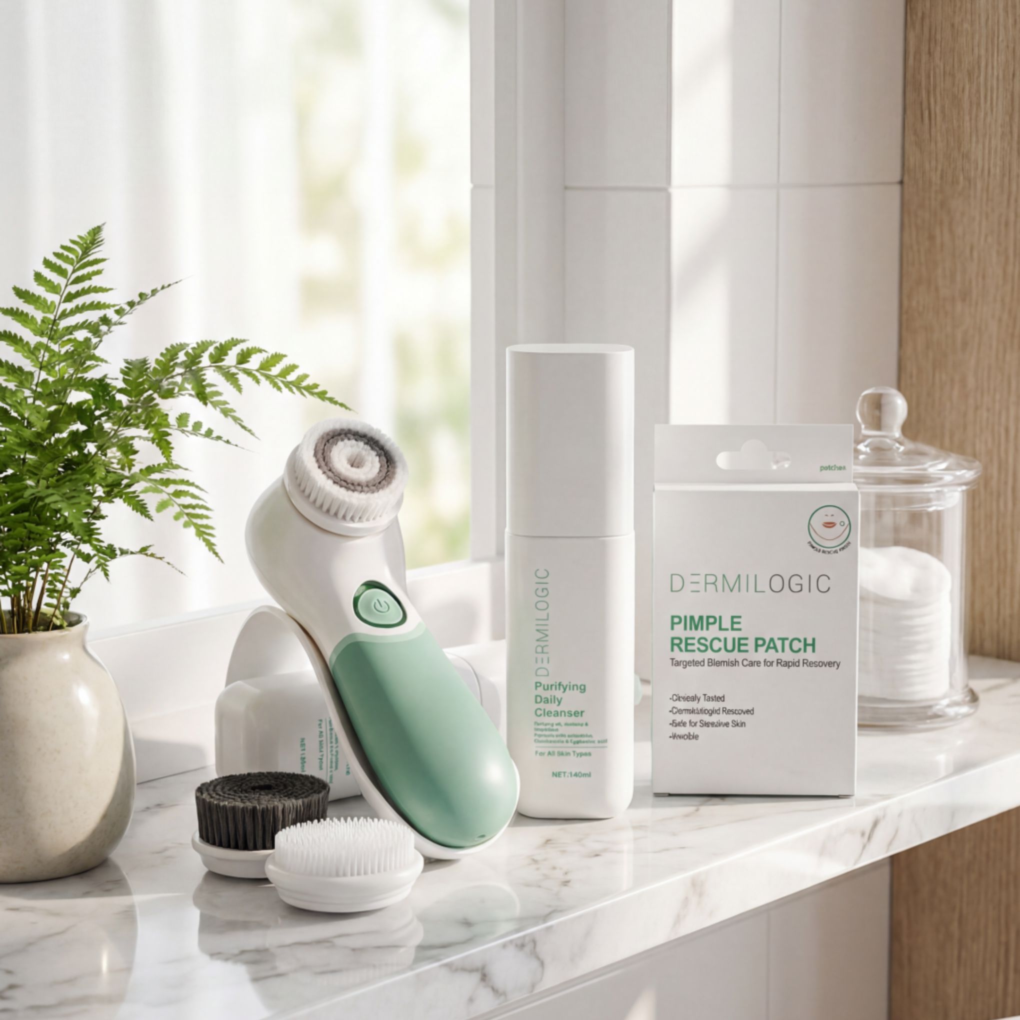 Dermilogic skincare products including a cleansing brush, cleanser, and pimple patches on a marble counter next to a fern.