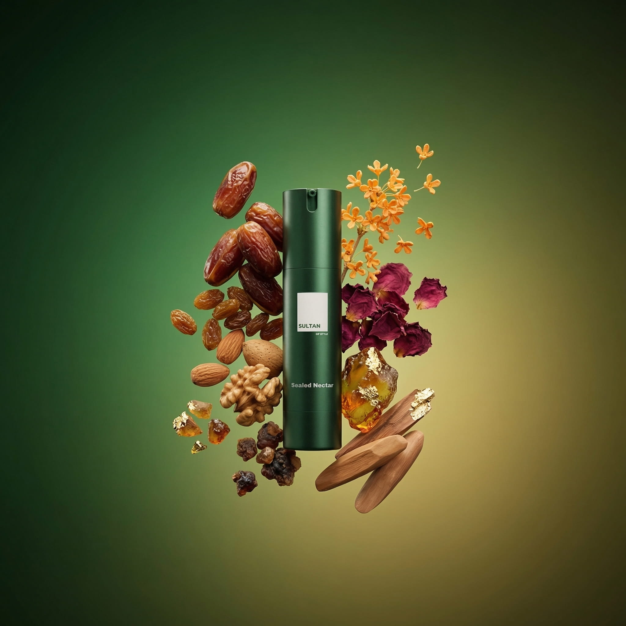 A green bottle of 'Sealed Nectar' surrounded by its ingredients: dates, nuts, flowers, resin, and wood.