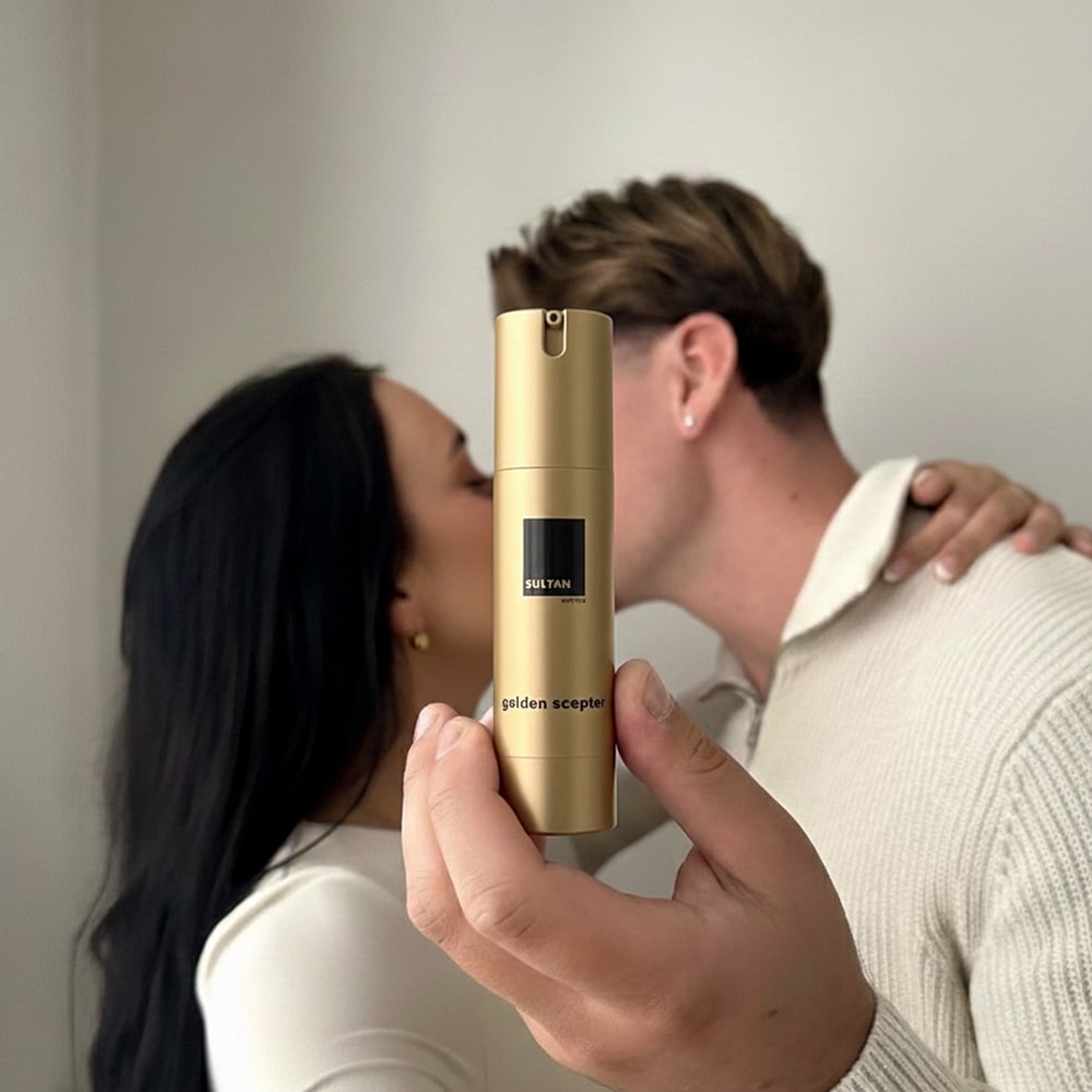 A couple kissing with a golden spray bottle in the foreground.