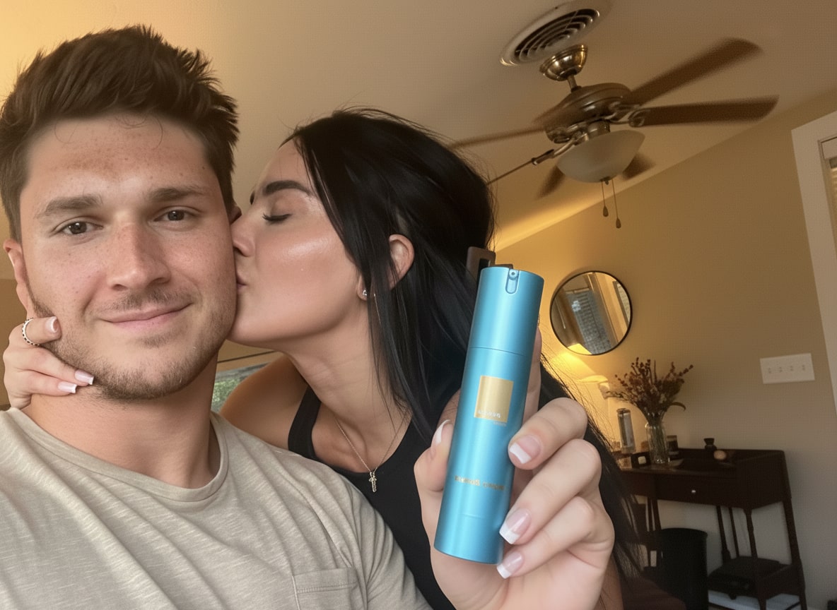 Woman kissing a man while holding a blue bottle, indoors.