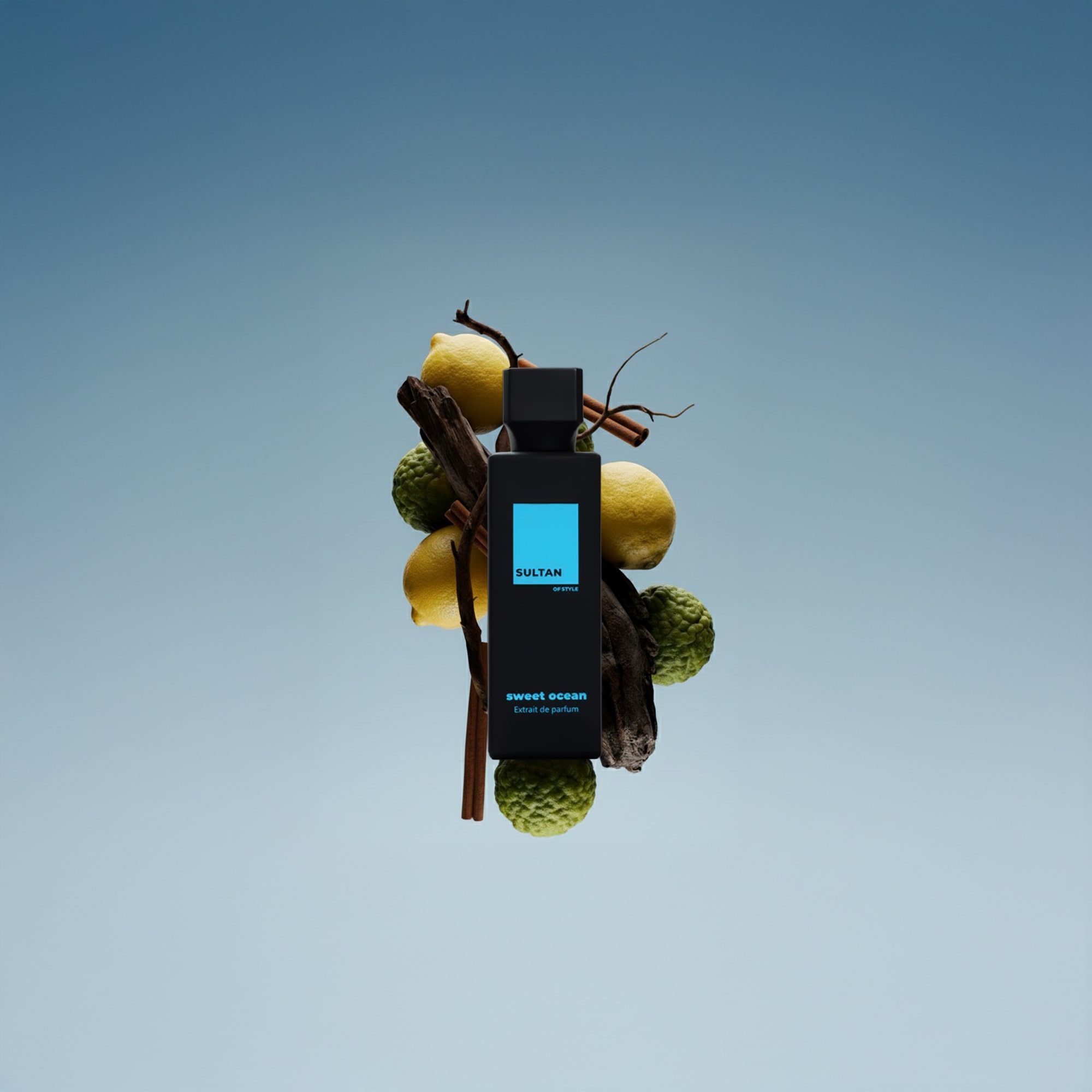 Black perfume bottle with fruits and cinnamon sticks on a blue background.