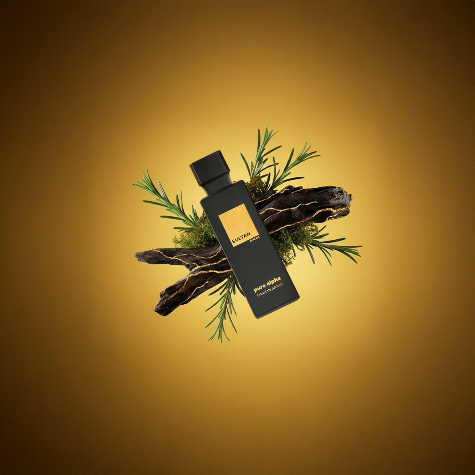 Black perfume bottle with plants and wood on a golden background.