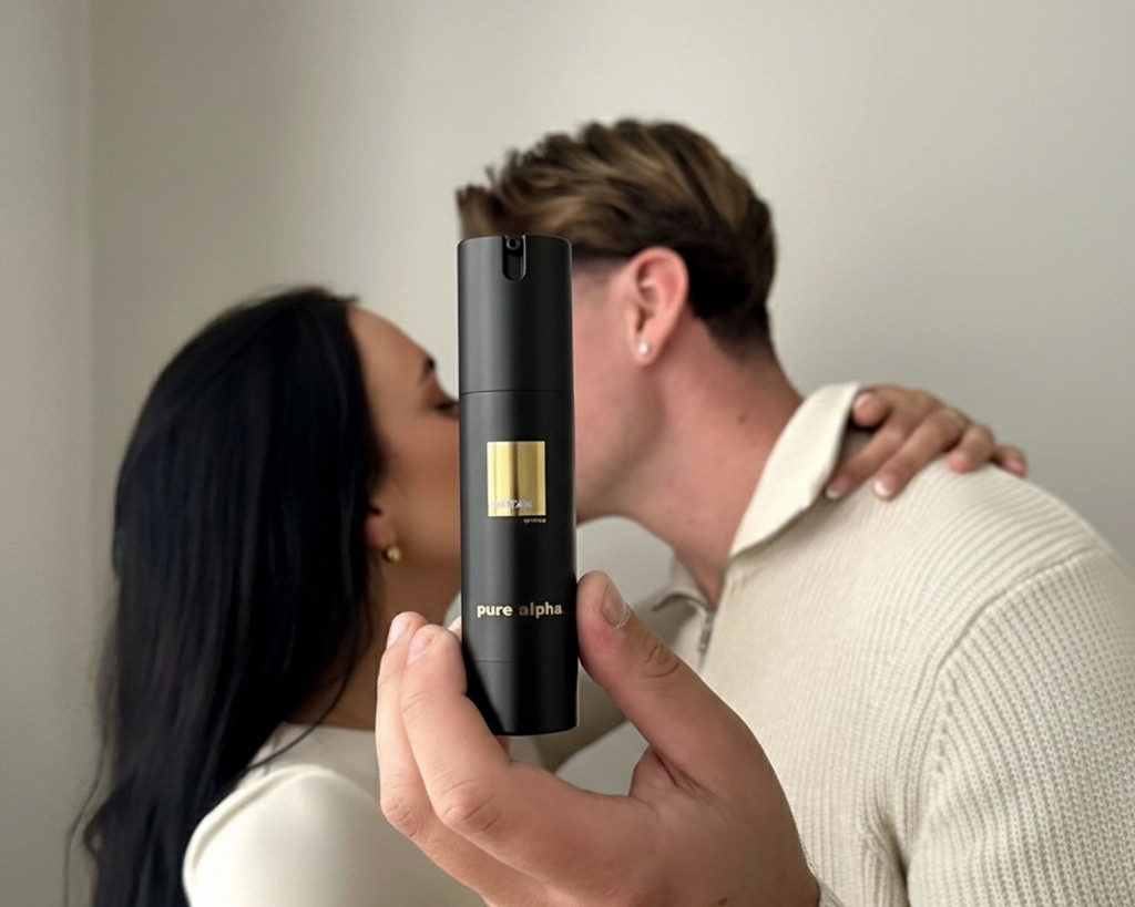 A hand holds a black bottle labeled 'pure alpha' in front of a couple kissing.