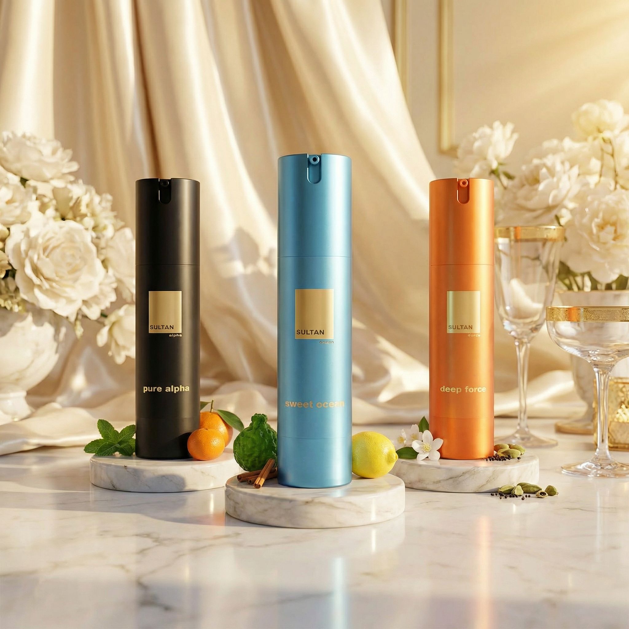 Three colorful cosmetic bottles on marble stands, surrounded by fruits, flowers, and spices on a marble table.