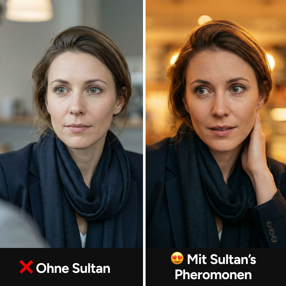 A before-and-after image of a woman's expression, used as an advertisement for a pheromone product.