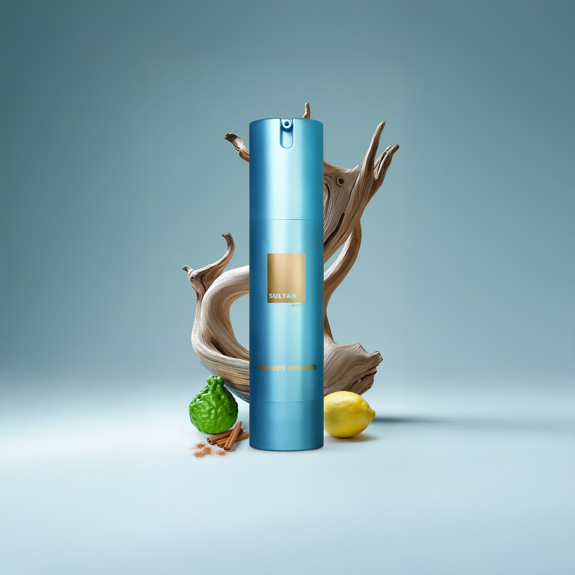 Blue bottle with driftwood, citrus fruits, and spices on blue background.