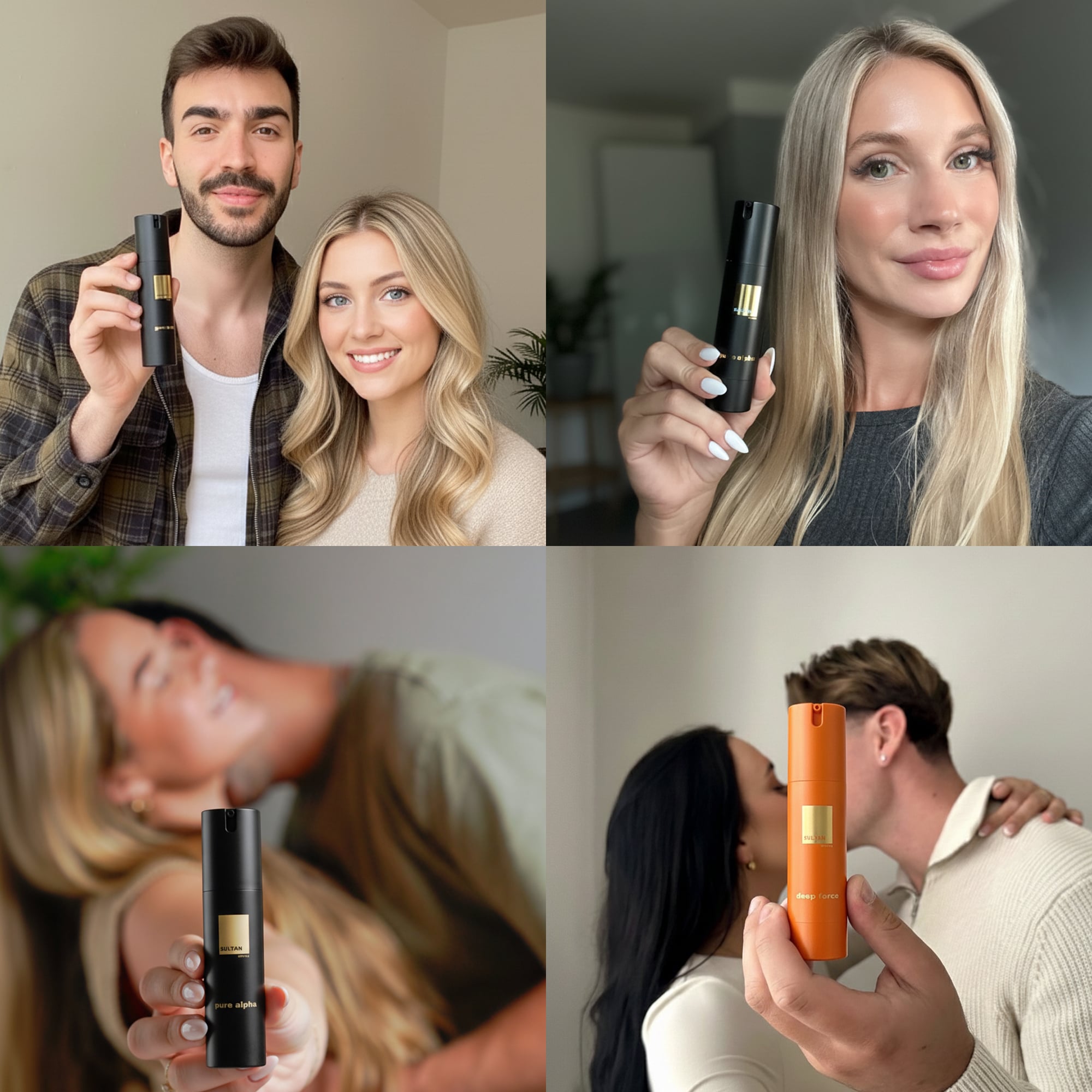 Collage of people holding perfume bottles, some couples embracing.