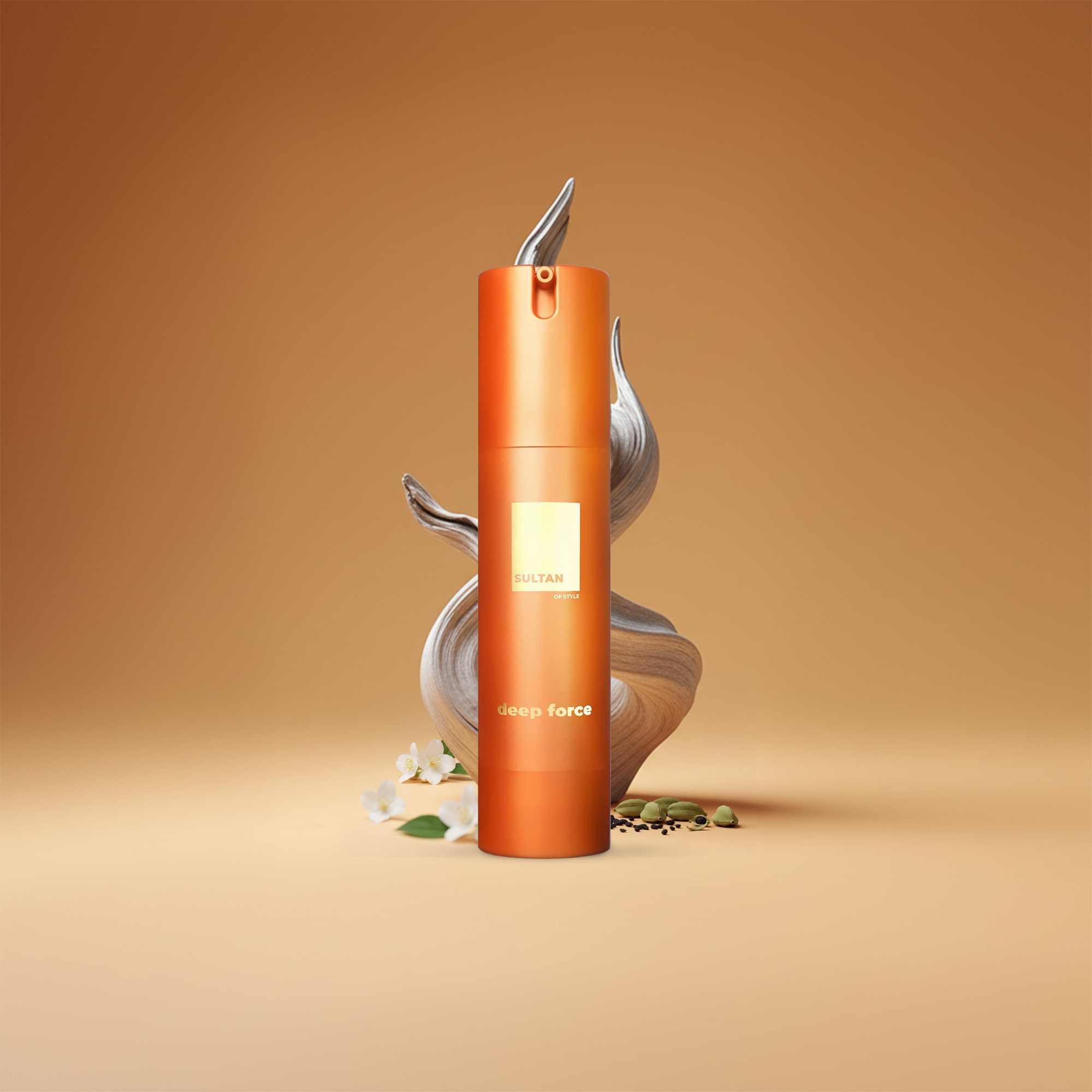 Orange bottle with decorative silver swirl and white flowers on a beige background.