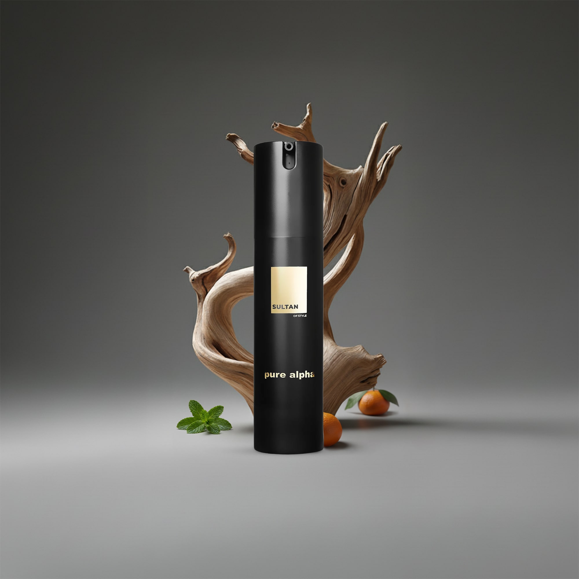 Black bottle labeled 'Sultan' with wood, mint, and oranges in the background.