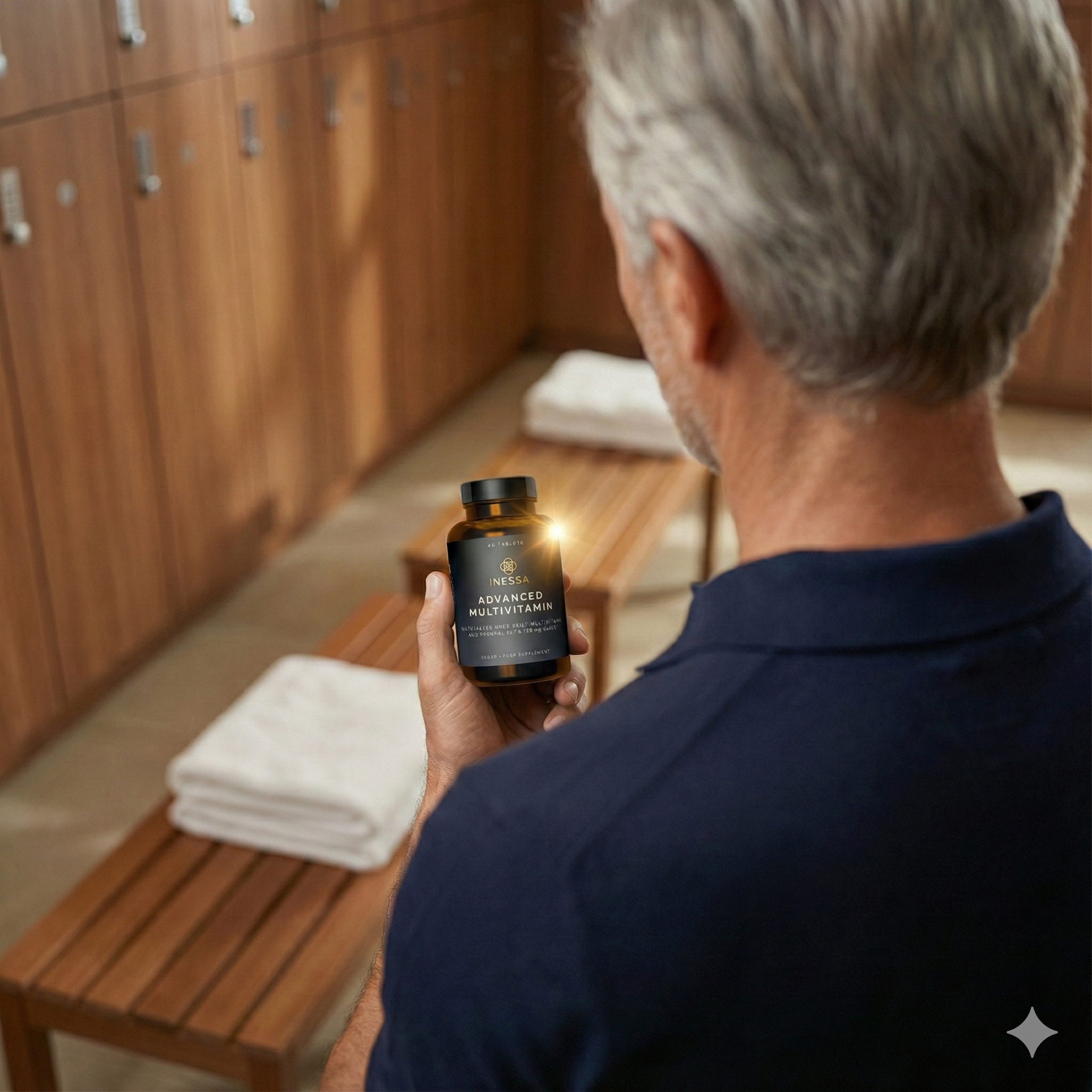 Man holding a multivitamin bottle in a locker room.