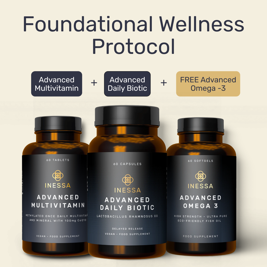 An ad for Inessa's Foundational Wellness Protocol, showing bottles of multivitamin, daily biotic, and omega-3 supplements.