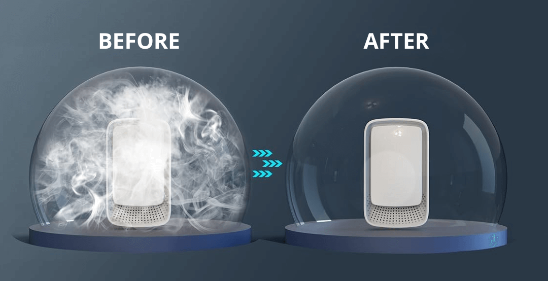 Two air purifiers under domes, one with smoke, one clear, labeled 'Before' and 'After.'