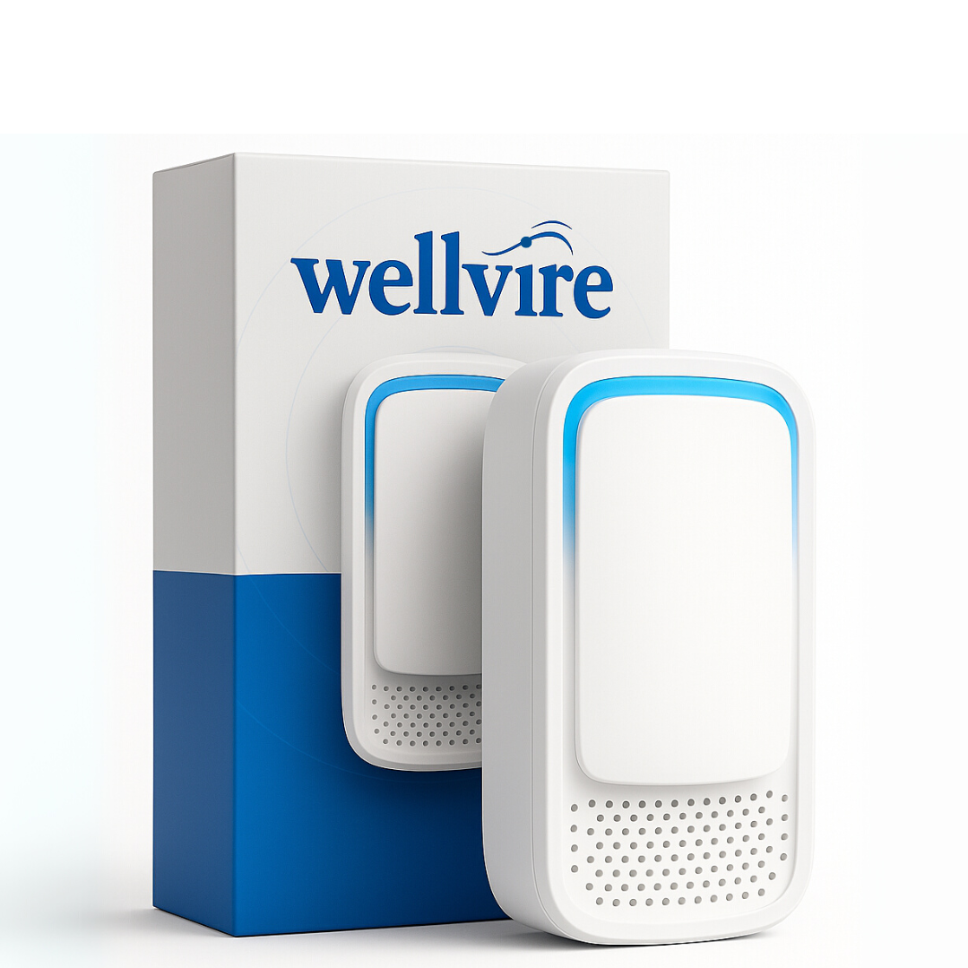 Two white devices with blue accents in front of a branded box.
