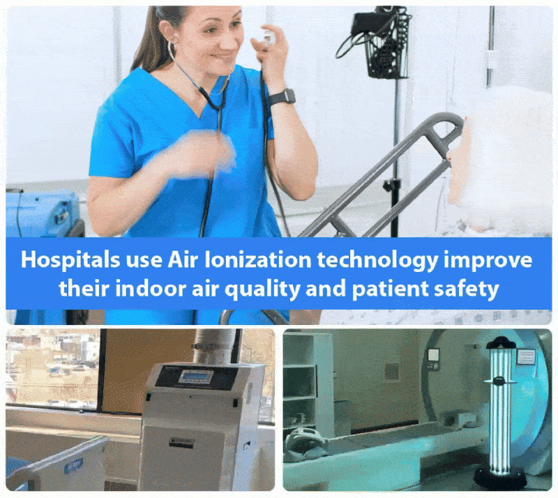 Collage showing hospital air ionization technology and a nurse with a patient.