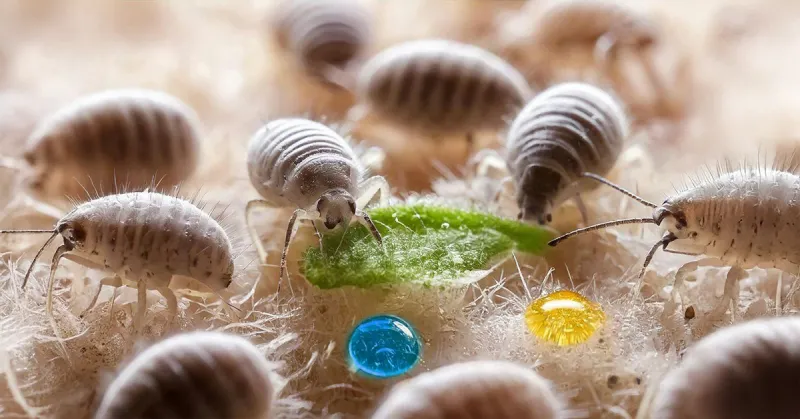 Close-up of small insects around a green leaf and colorful droplets.