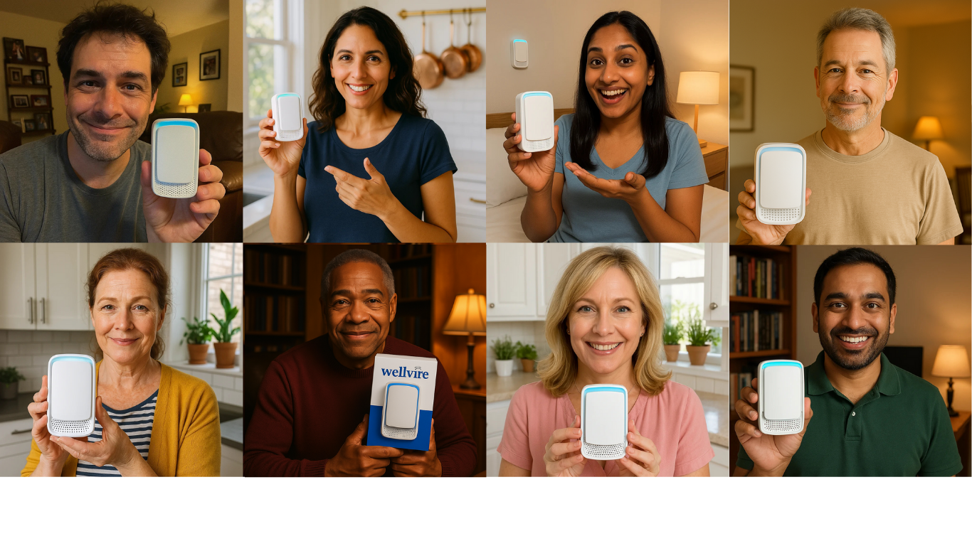 Collage of people holding a small electronic device, smiling at the camera.