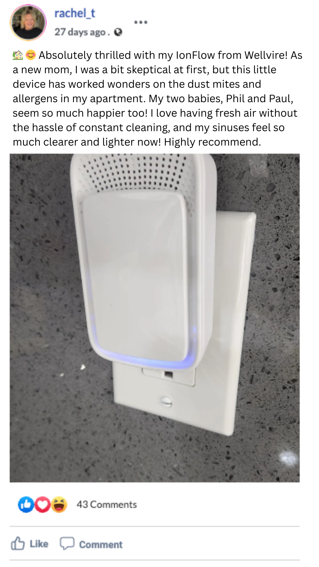 White air purifier plugged into a wall outlet on a speckled countertop.