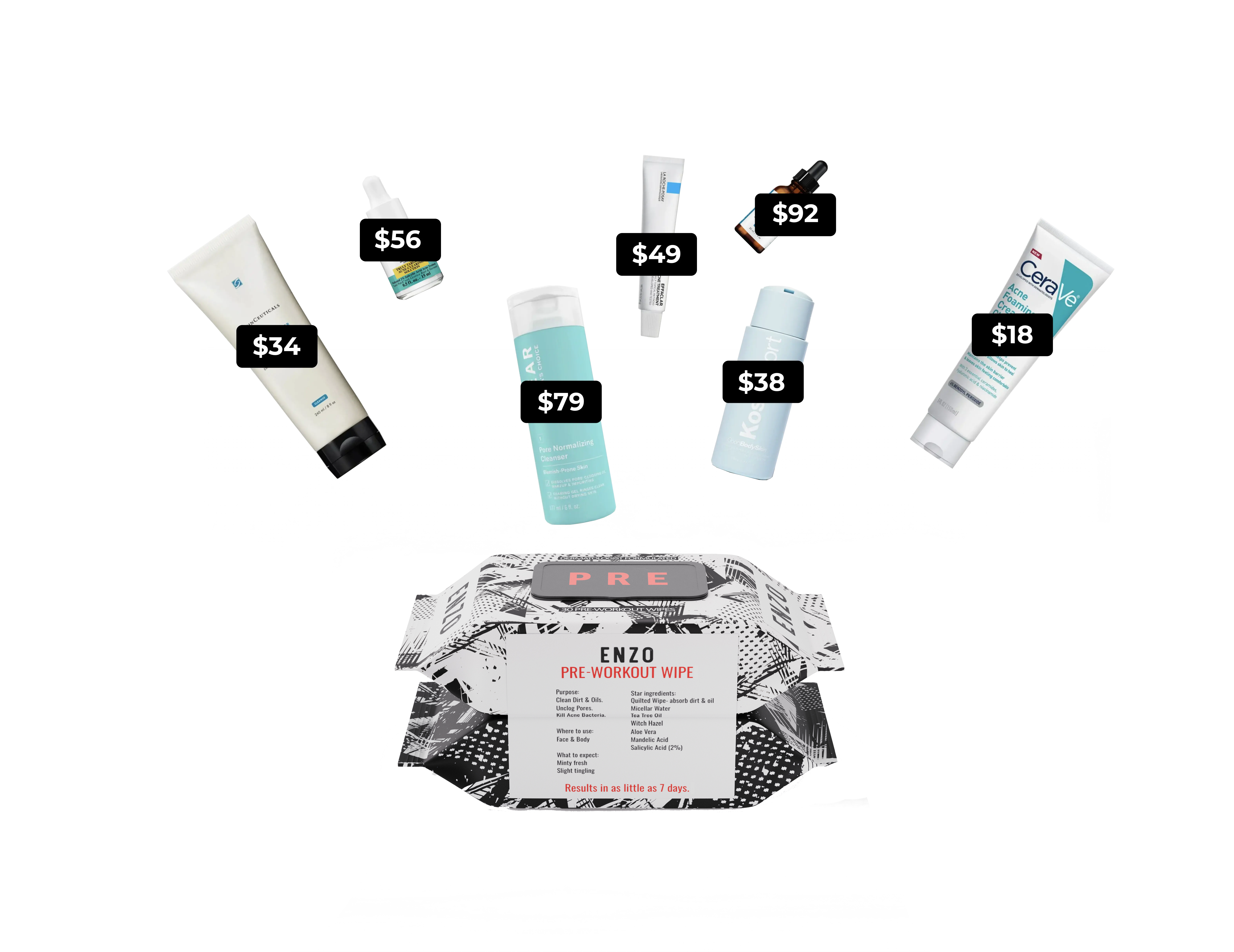 Various skincare products with prices displayed on a black background.