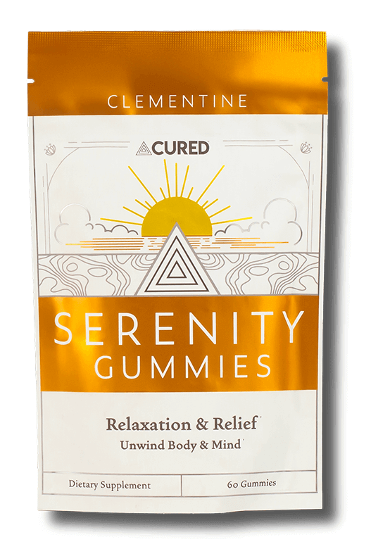 Packaging of Serenity Gummies with sun and triangle design.