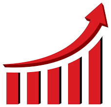 Red bar graph with an upward arrow.