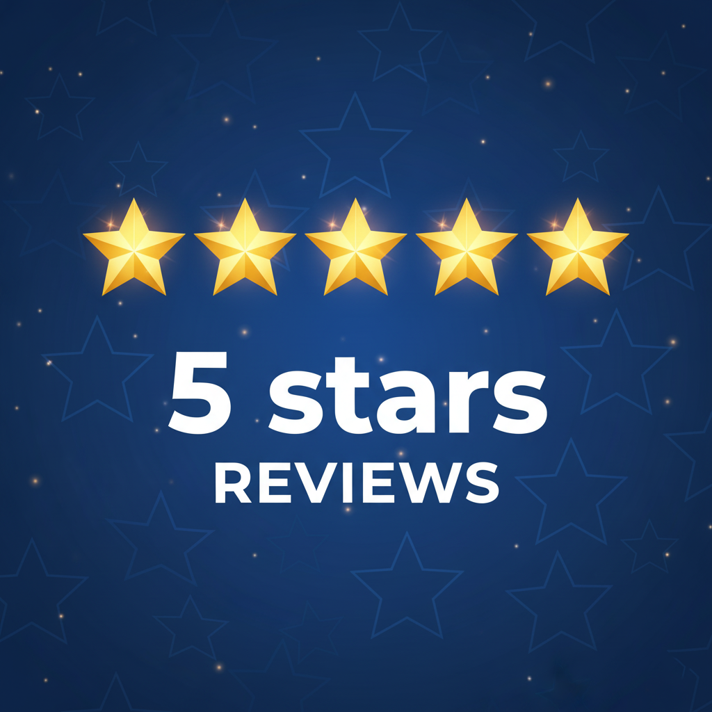 Five gold stars above text saying '5 stars reviews' on blue background.