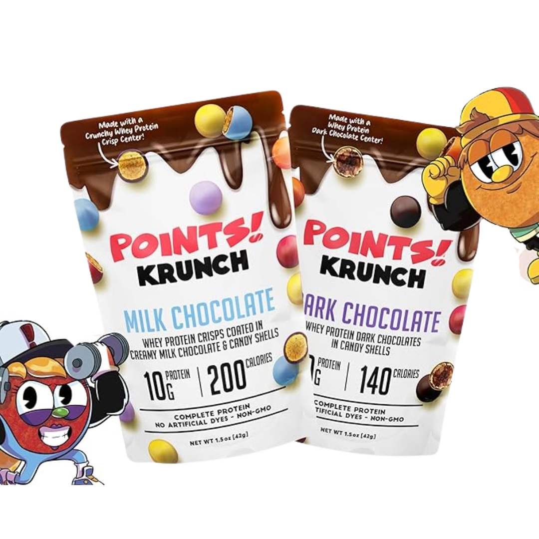 Two Points! Krunch snack bags with cartoon characters on the sides.