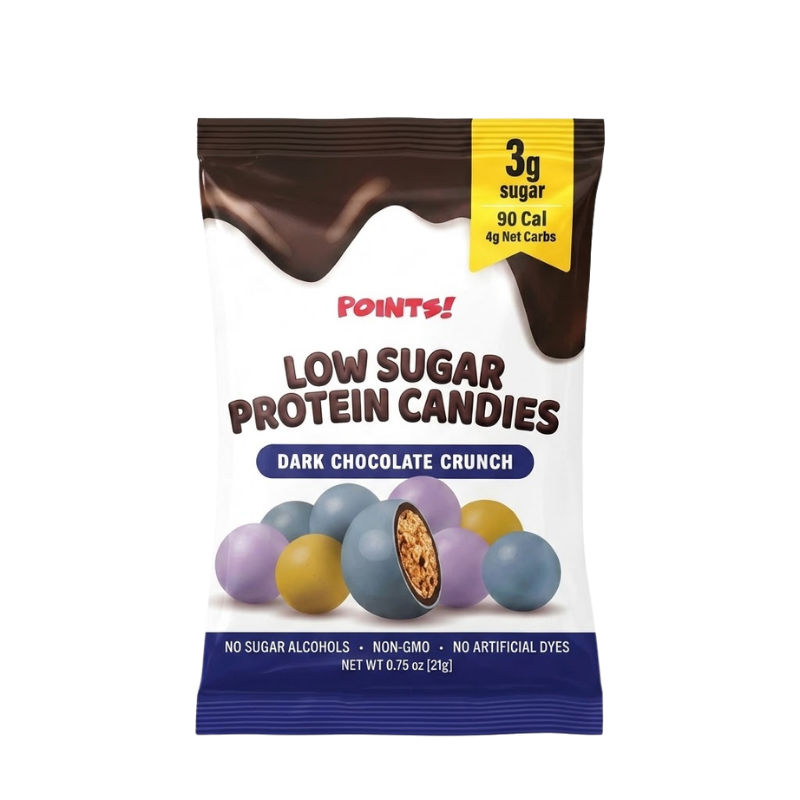 A bag of Points! Low Sugar Protein Candies in the Dark Chocolate Crunch flavor against a white background.