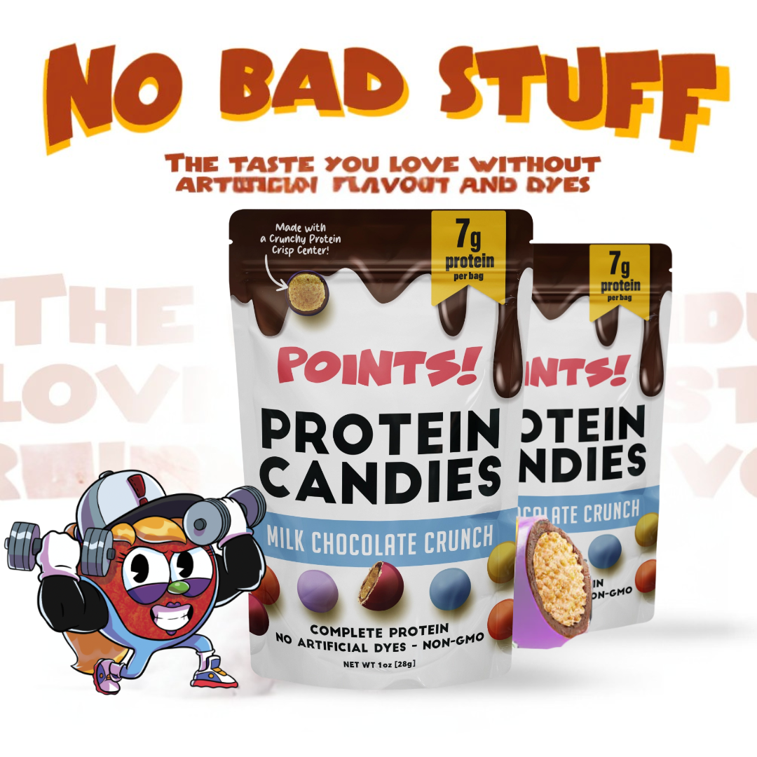 Two bags of 'Points! Protein Candies' with cartoon character lifting weights.