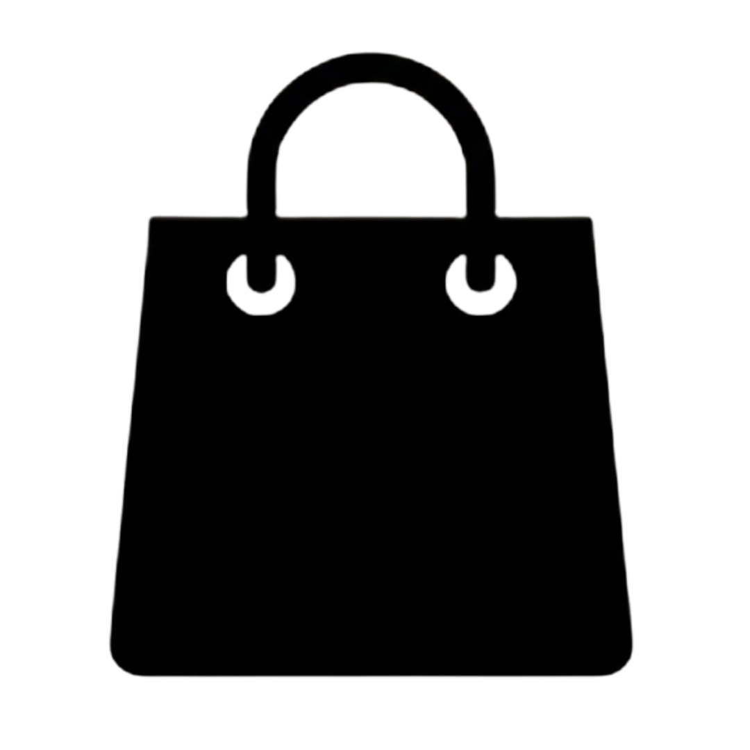 A black, embossed-style icon of a shopping bag on a black background.