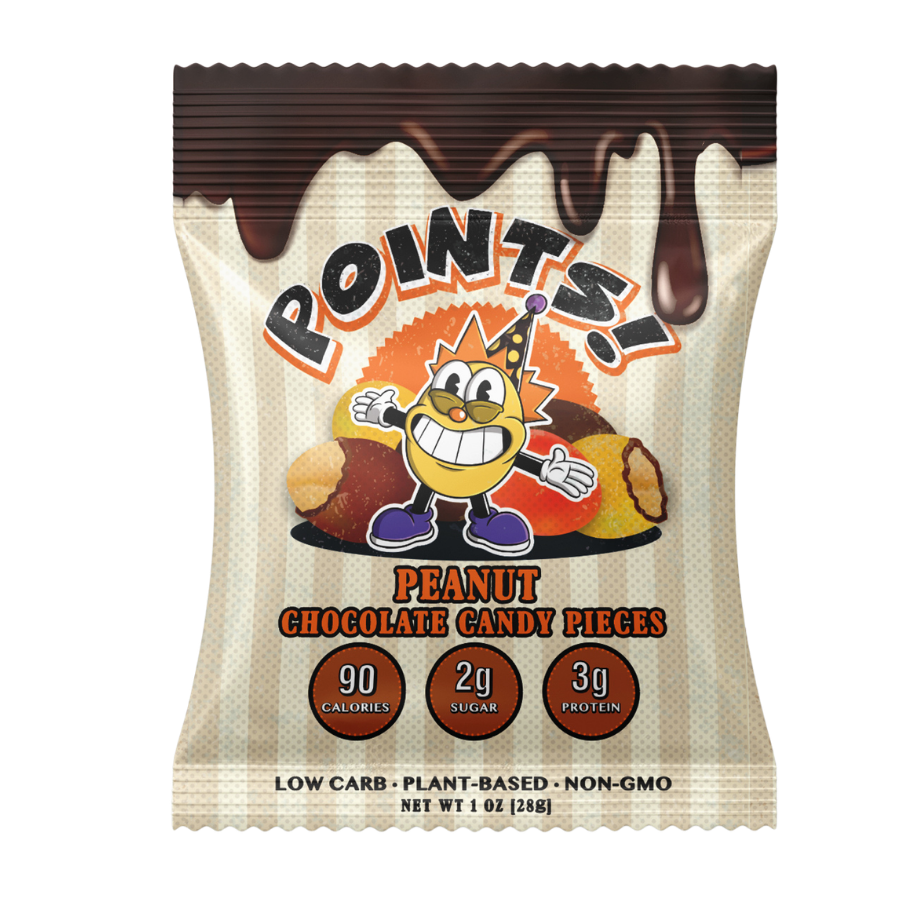 A single-serving bag of Points! Peanut Chocolate Candy Pieces, with a cartoon mascot on the front.