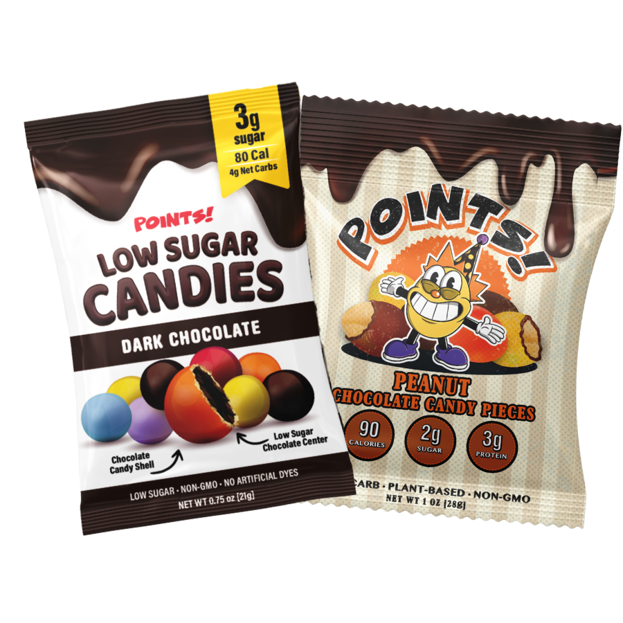 Two bags of Points! low-sugar candies: Dark Chocolate and Peanut Chocolate Candy Pieces, on a white background.