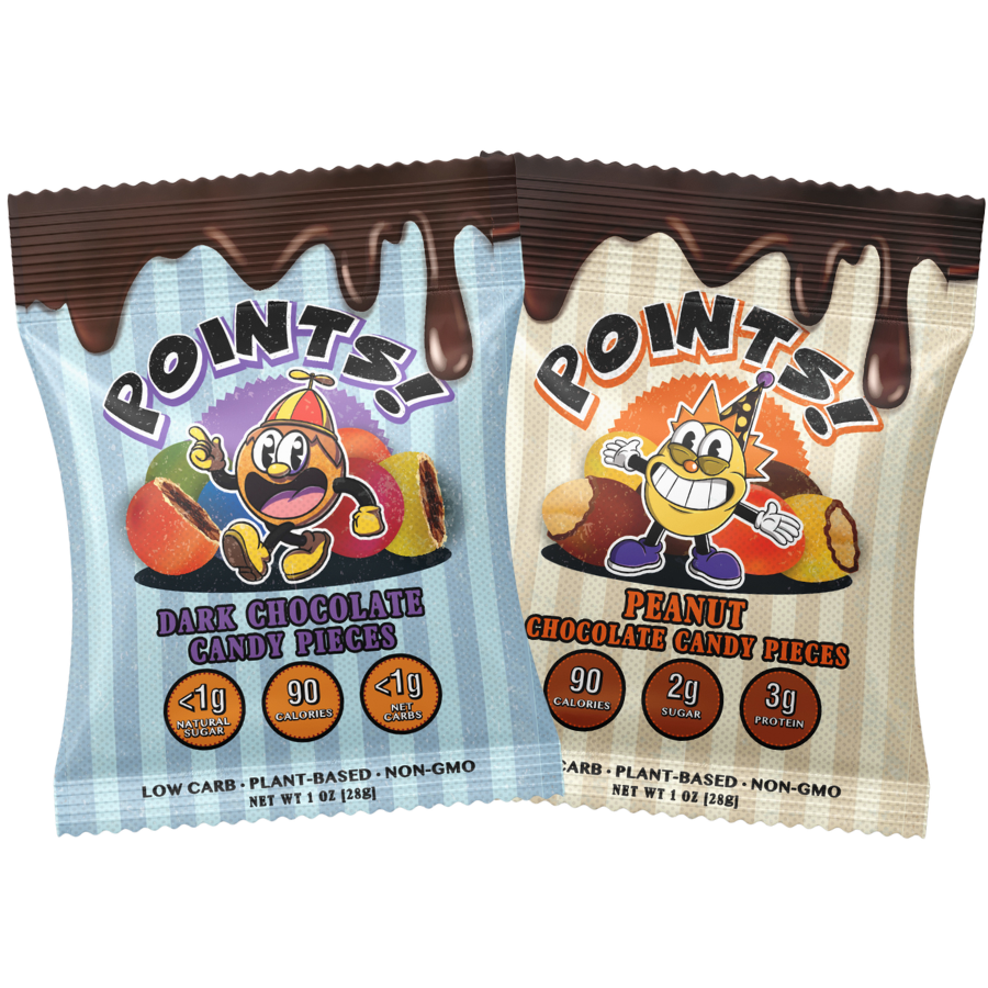Two bags of Points! candy: Dark Chocolate and Peanut Chocolate candy pieces, with cartoon mascots.