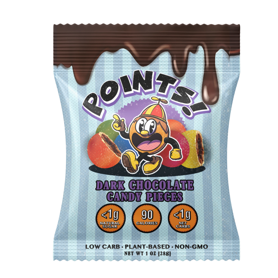 A bag of Points! Dark Chocolate Candy Pieces with a cartoon mascot on the front.