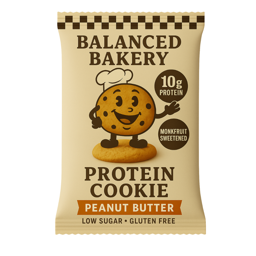Packaging of Balanced Bakery protein cookie, peanut butter flavor.