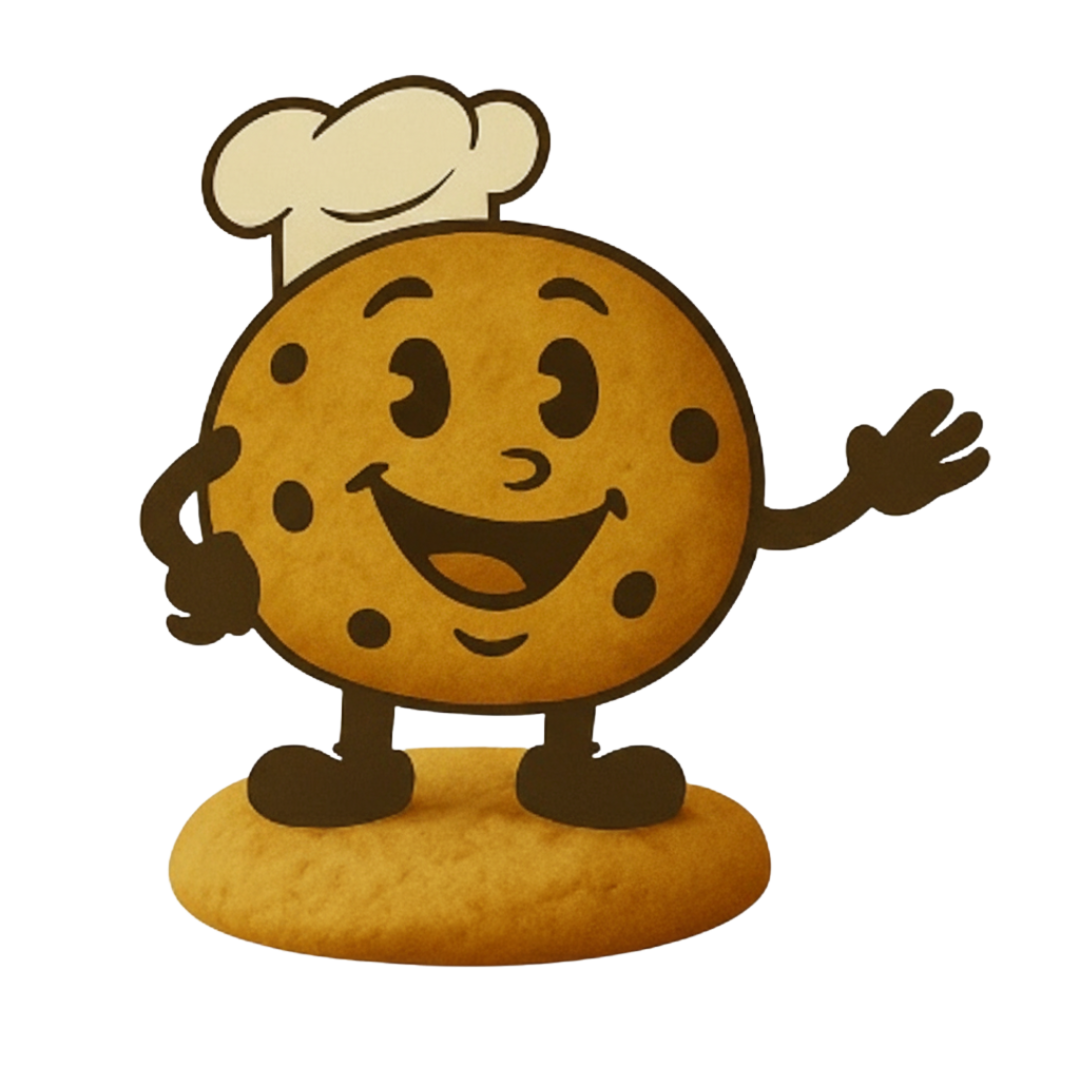 Smiling cookie character with a chef hat, waving and standing on a cookie platform.