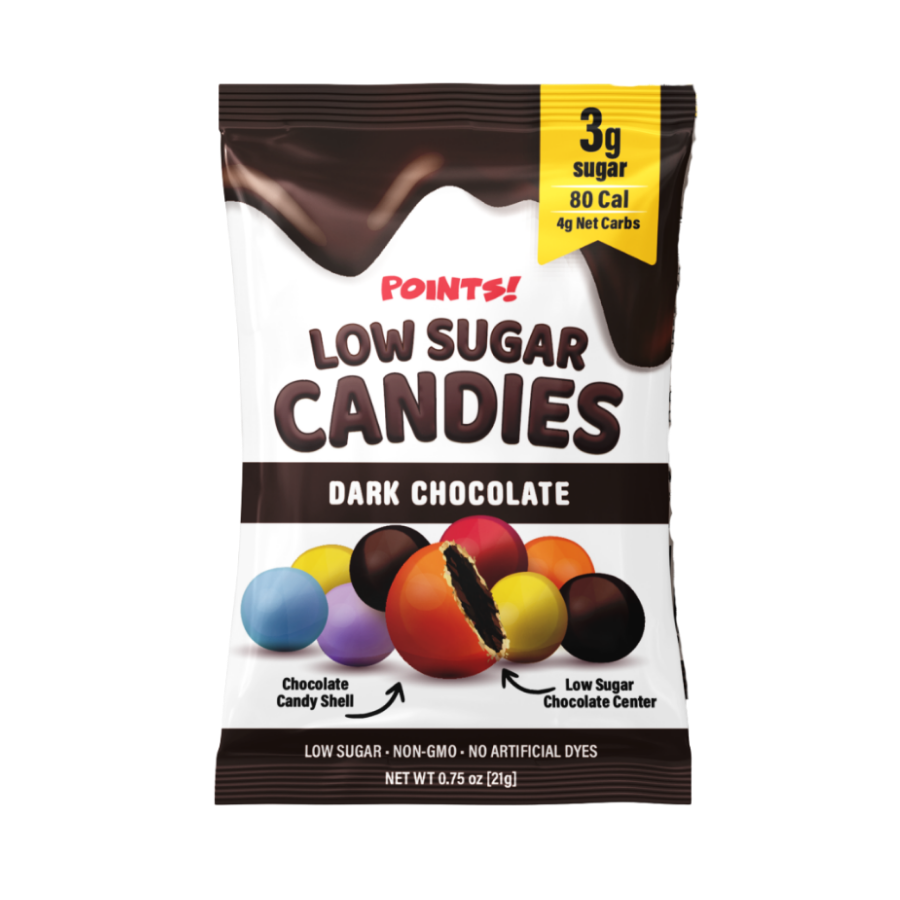 A bag of Points! Low Sugar Candies, in the dark chocolate flavor, against a white background.