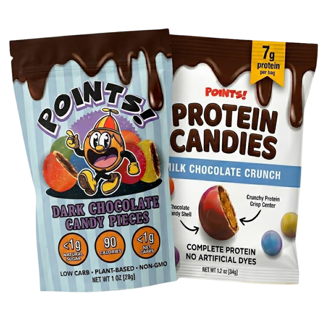 Two bags of Points! brand chocolate candies, one Dark Chocolate and one Protein Milk Chocolate Crunch.