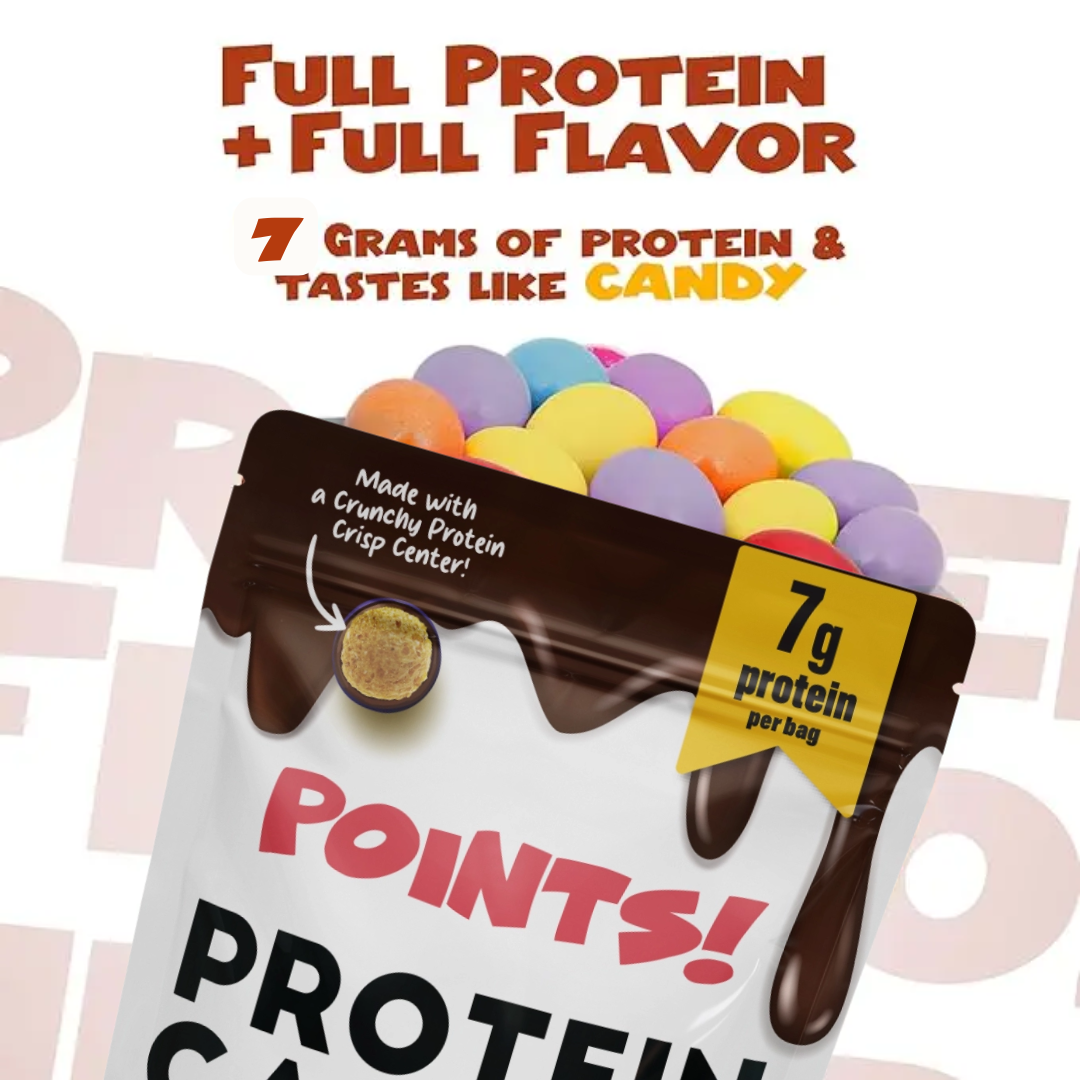 Package of protein candy with colorful candies and text about protein content.