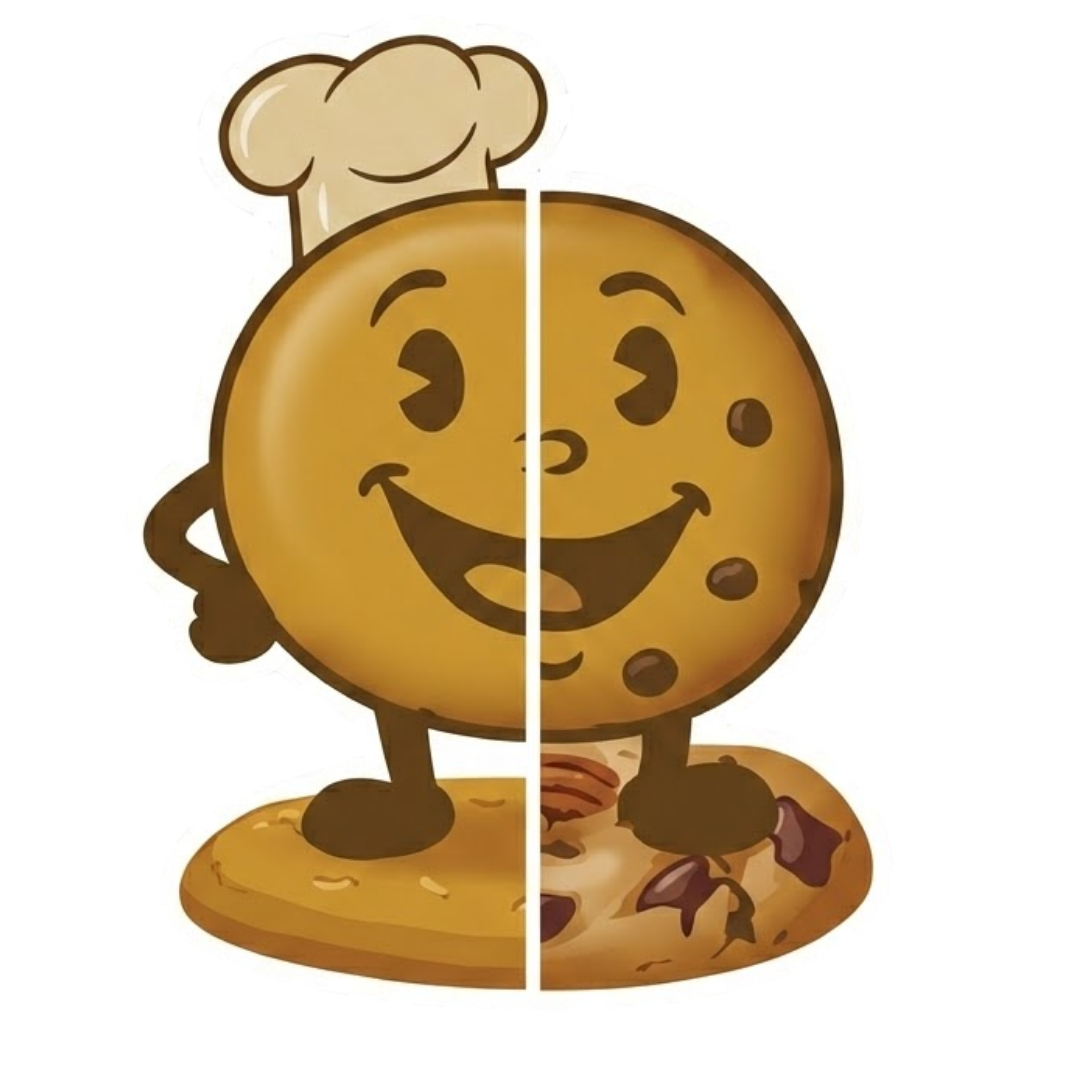 A cartoon cookie character in a chef's hat, split down the middle between cartoon and realistic styles.