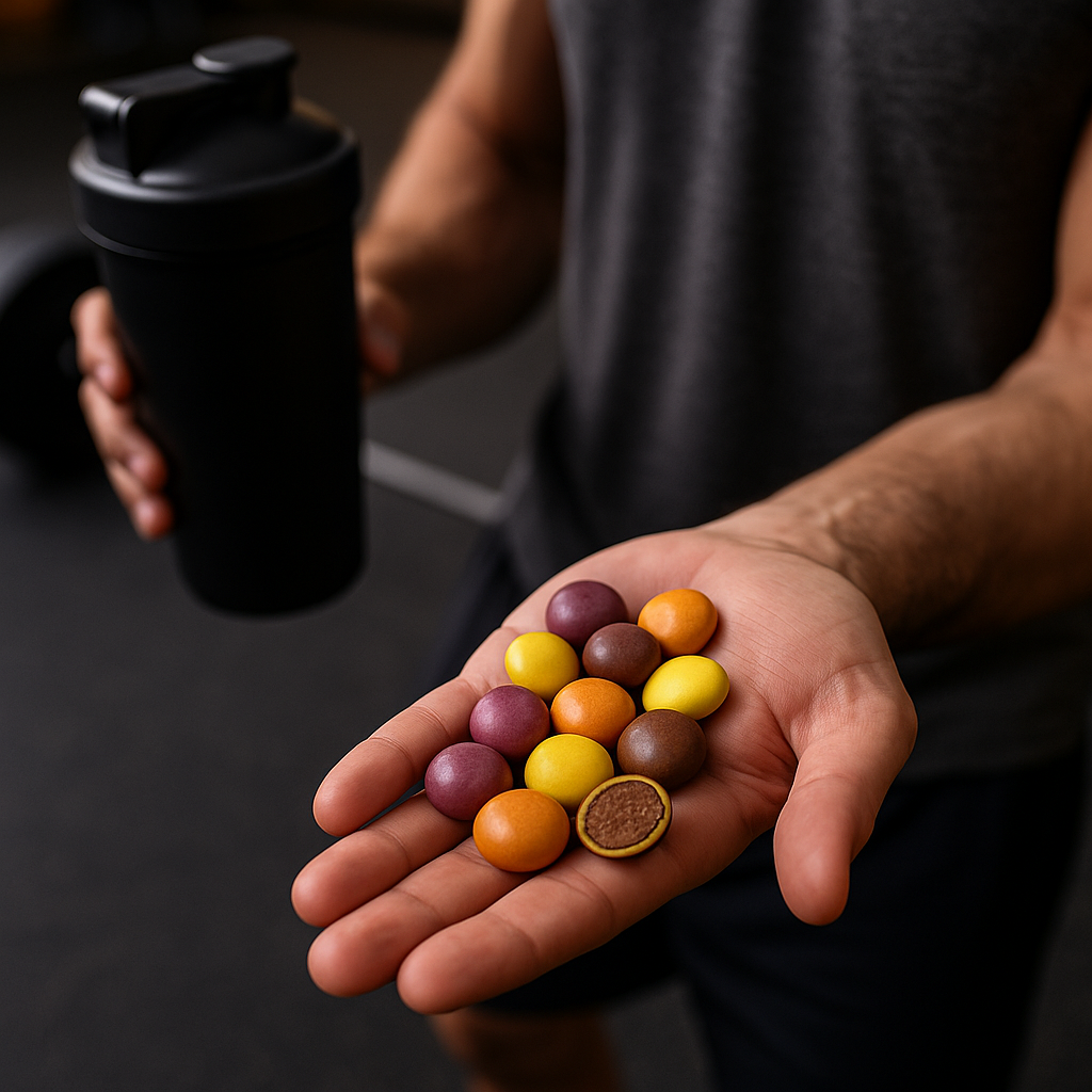 Person holding colorful candies and a black shaker bottle in a gym setting.