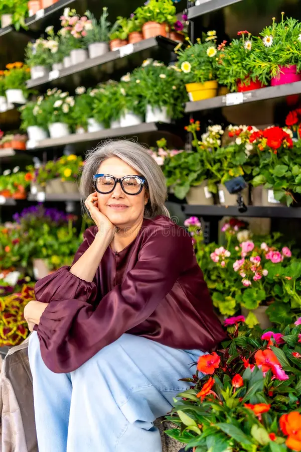 A smiling woman with grey hair and glasses sits surrounded by shelves of colorful potted flowers.