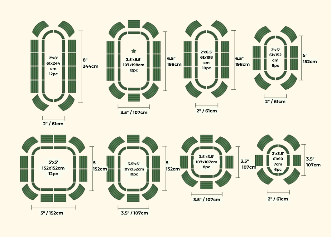 Diagrams of various green seating layouts with measurements in inches and centimeters.