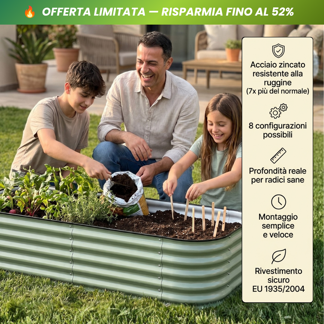 Family planting together in a raised metal garden bed