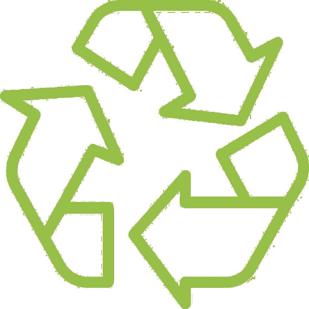 Green recycling symbol with three rotating arrows.