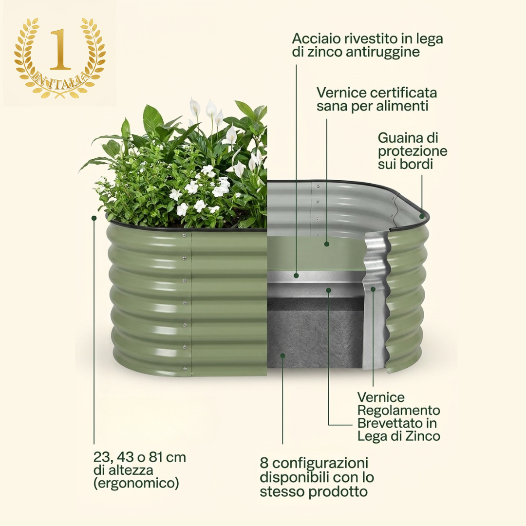 Diagram of a green corrugated metal raised garden bed with construction details