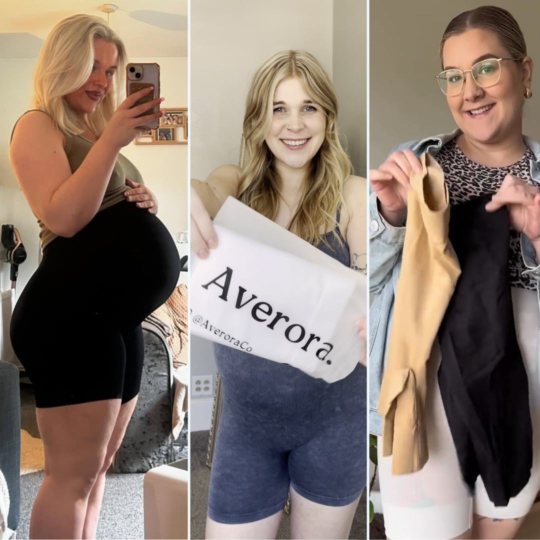 Three women showcasing maternity clothing and accessories.