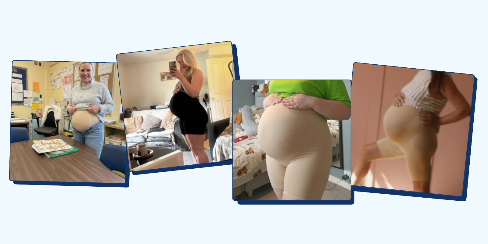 A collage of four photos of pregnant women showing their bellies in different settings.