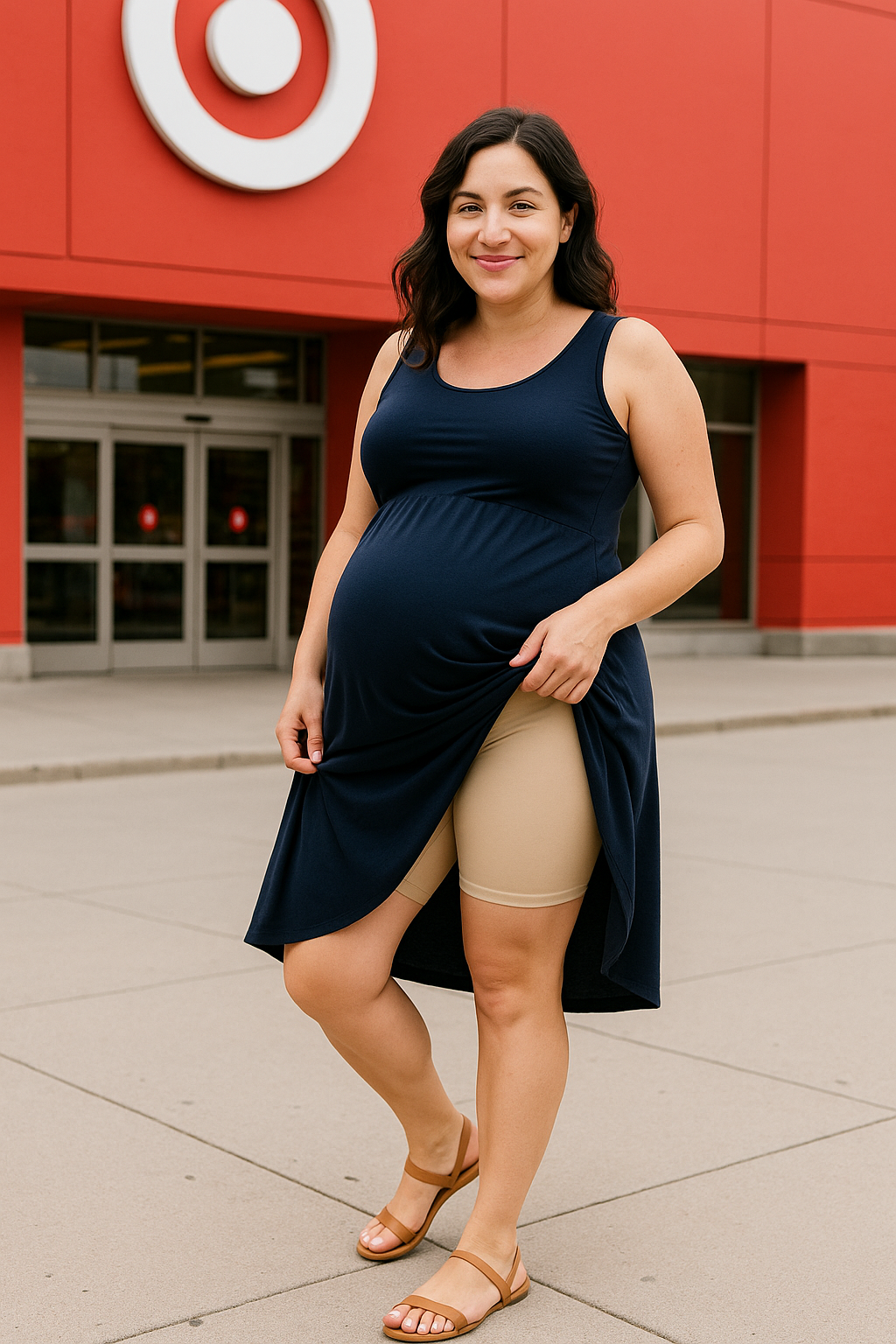 Pregnant woman in a navy dress standing outside a store with a red facade.