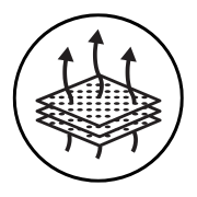 Icon of layered fabric with arrows indicating breathability.